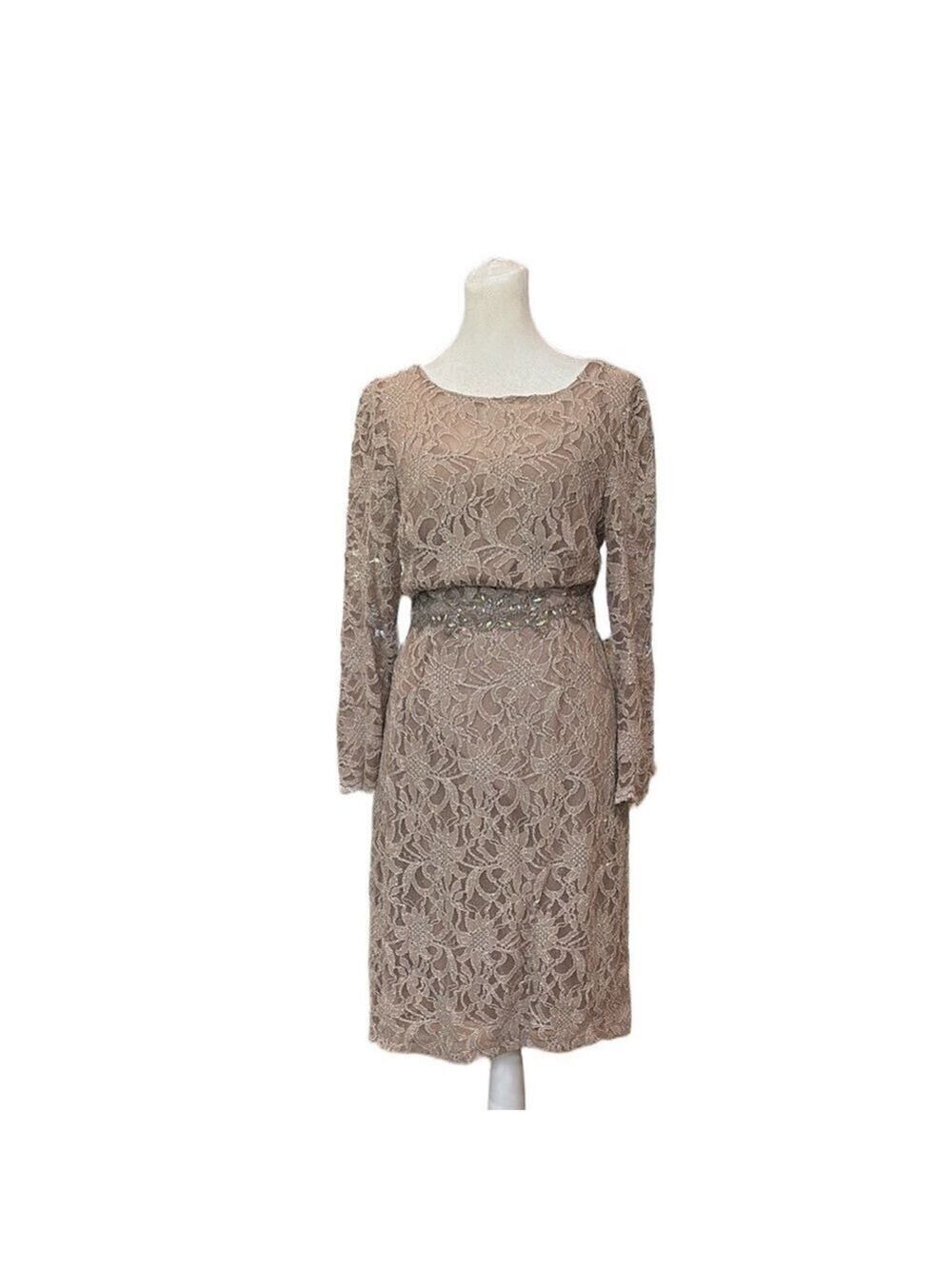 Jackie Jon New York Size 8 taupe lace special occasion dress. Sequins beads